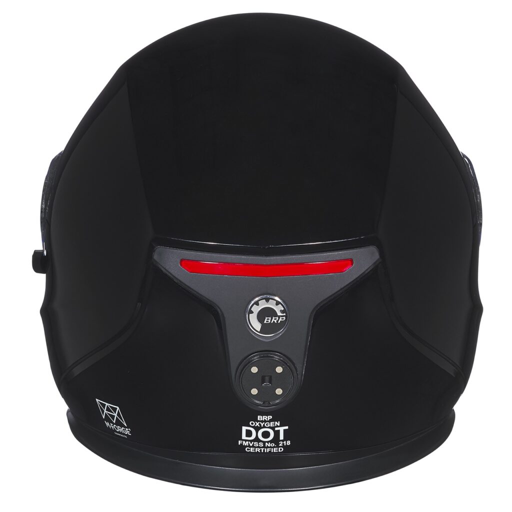 oxygen snowmobile helmet rear view with light illuminated