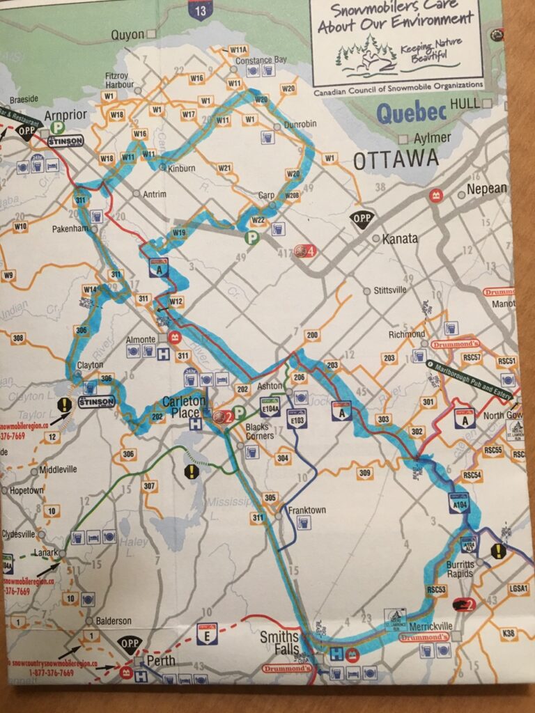 To snowmobile Smiths Falls northbound, follow our route in blue.