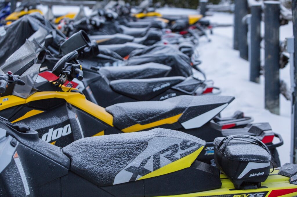 Parked sleds ready to ride for any kind of tour.