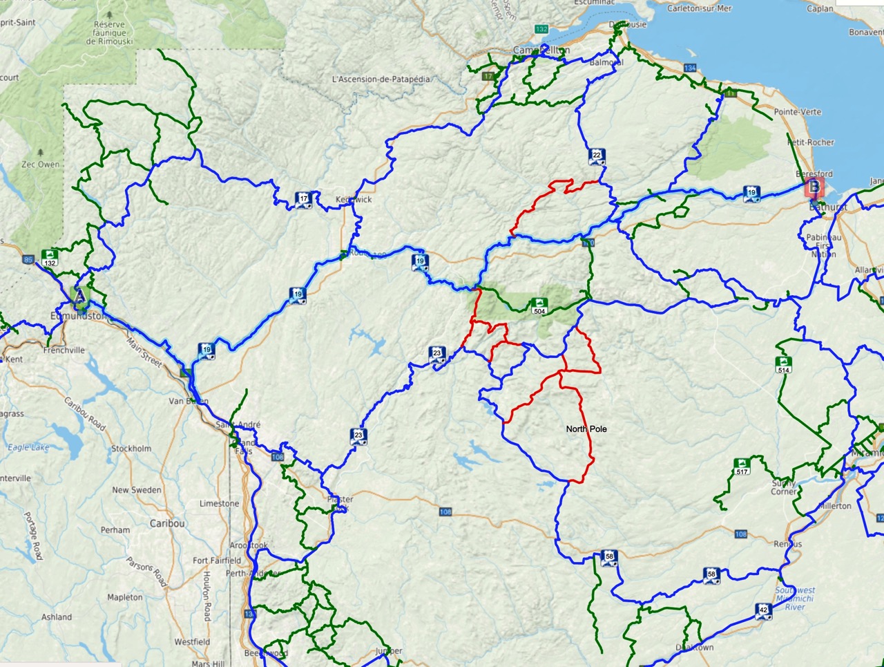 Christmas Mountains trails marked in red on map.