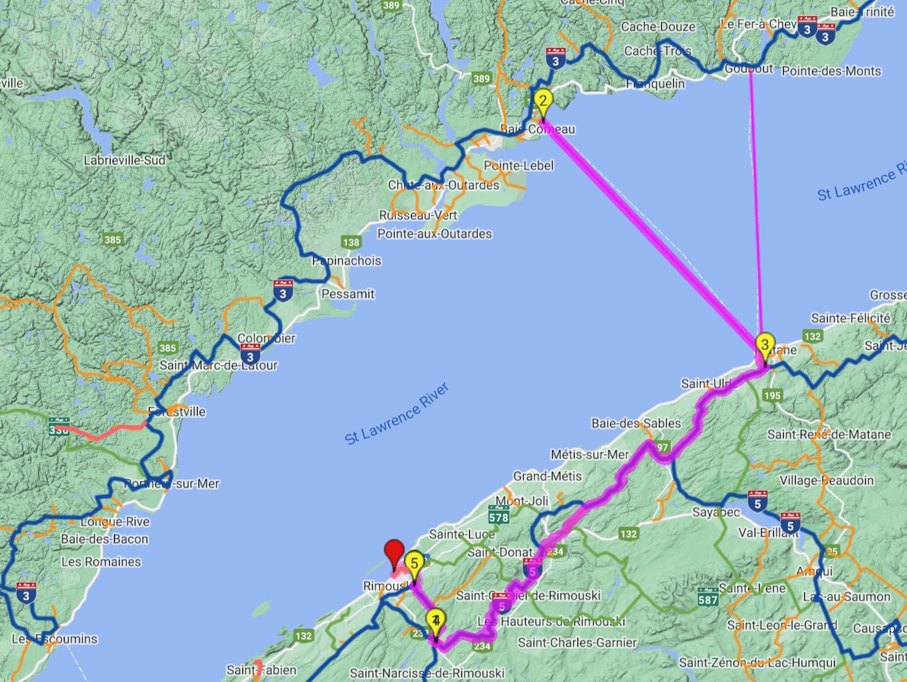 Grand St Lawrence Snowmobile Tour trail & ferry route from Baie-Comeau to Rimouski.