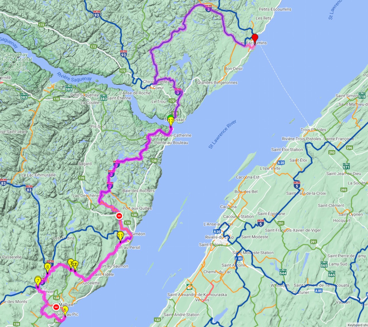 Grand St Lawrence Snowmobile Tour trail route from La Malbaie to Les Escoumins.