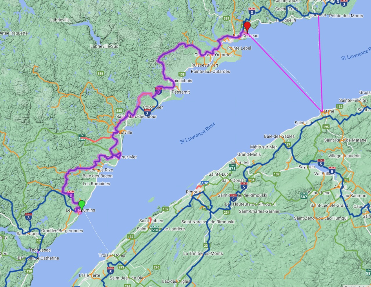 Grand St Lawrence Snowmobile Tour trail route from Les Escoumins to Baie-Comeau.