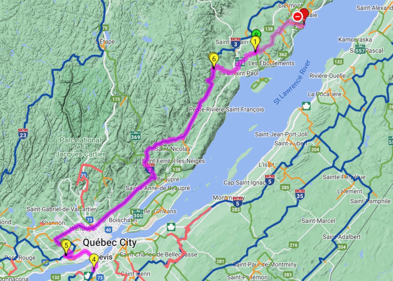 Grand St Lawrence Snowmobile Tour trail route from staging hotel in Lévis to lodging in La Malbaie.