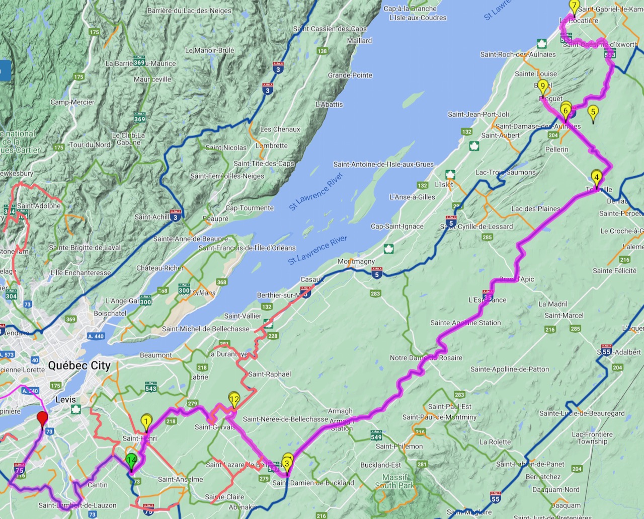 Grand St Lawrence Snowmobile Tour trail route from La Pocatière back to Lévis..