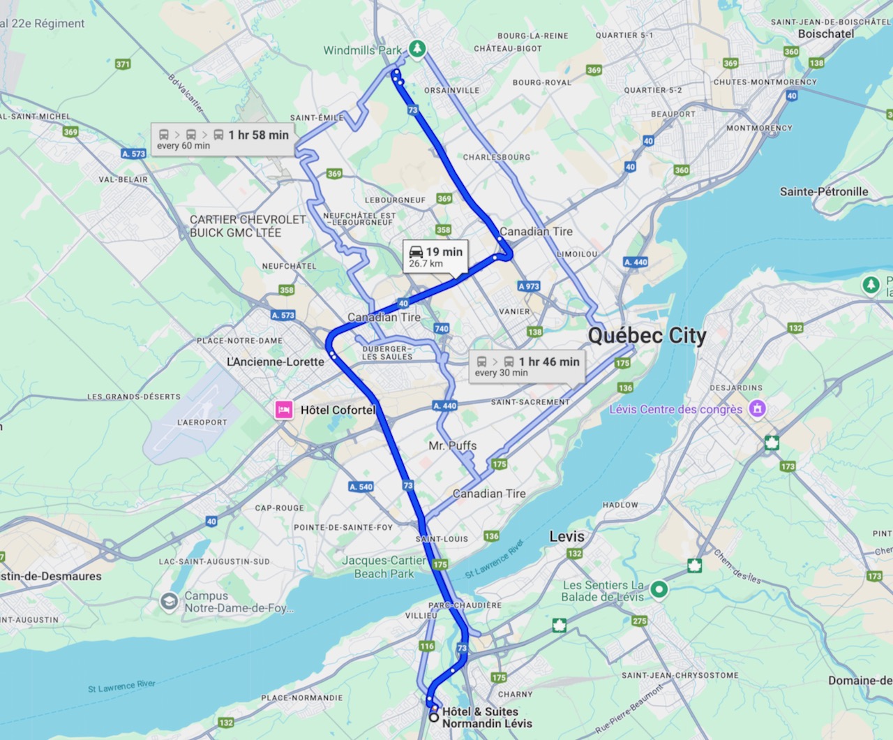 Do-it-yourself Lévis-Quebec snowmobile shuttle route.